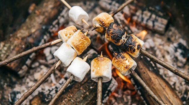 Group of marshmallows roasting on wooden sticks over campfire embers