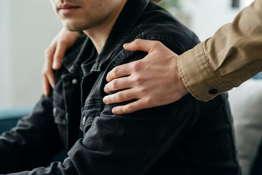 Close friend placing hand on shoulder of a man for comfort and support