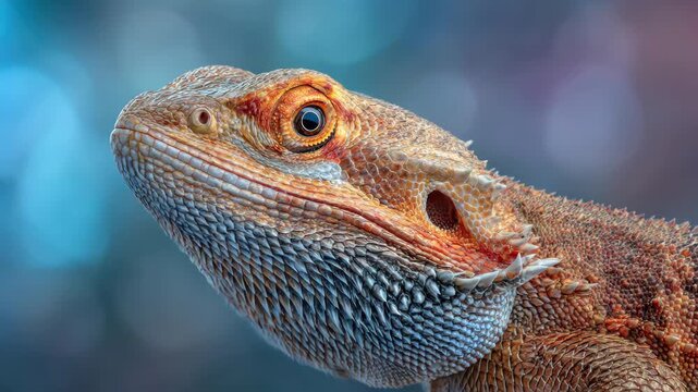 Close up portrait of a bearded dragon lizard with textured scales and bright orange head.
