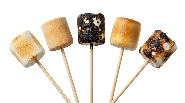 Roasted marshmallows on wooden sticks arranged in a fan shape with marshmallow