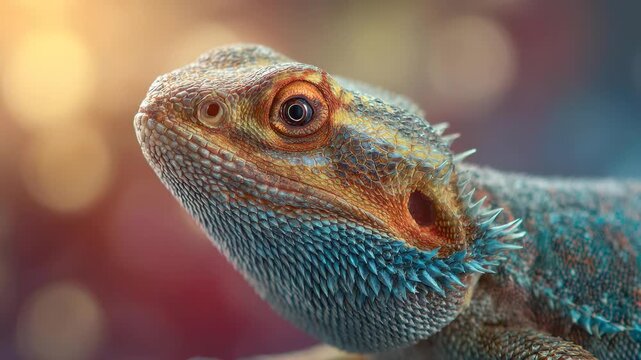 Close-up portrait of a colorful bearded dragon lizard with detailed scales and bokeh background.