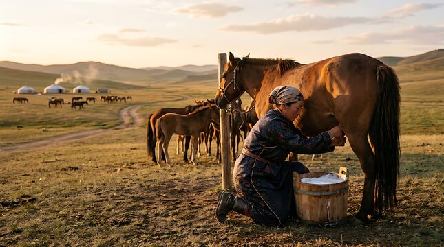 Mongolian woman milking a horse at sunset on the steppe
