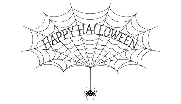 Spiderweb with the words HAPPY HALLOWEEN. Small spider hanging at the bottom, Outline vector. Minimal festive illustration, transparent background.