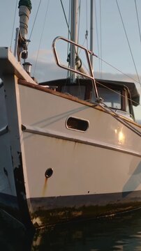 Vertical video: Panning camera revealing boat bow and cabin at harbor, showing rusted scupper