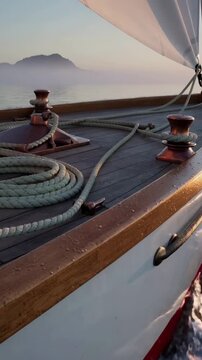 Vertical video: Gliding sailboat foredeck revealing coiled rope and winches while passing island