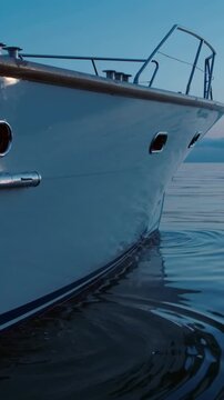 Vertical video: Panning camera revealing starboard boat hull at dusk, revealing portholes and rails
