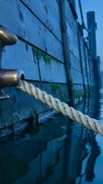 Vertical video: Boat rocking from tide, braided mooring rope shifting through metal cleat at dock