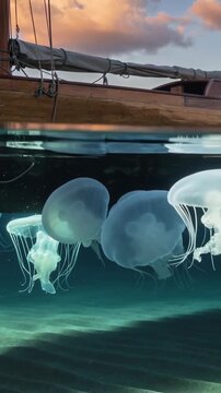 Vertical video: Floating wooden sailboat bobbing at bay, sunset revealing drifting jellyfish below