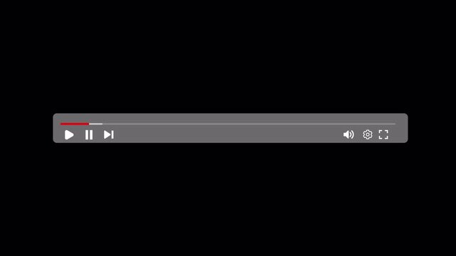 Video Player Overlay Animation on Transparent Background, Minimal Media Playback Control Interface with Play Pause Previous Next Buttons and Progress Bar, 4K Alpha Channel
