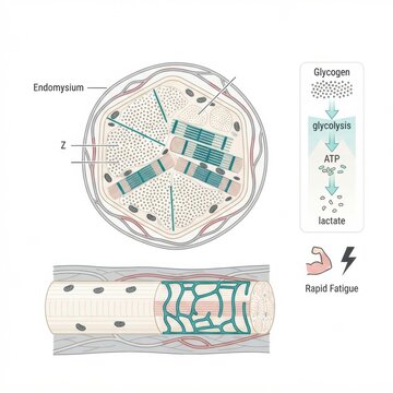 Detailed view of muscle fiber sarcomere showing actin and myosin in IIX fast twitch fibers. Focus on cellular anatomy and physiology.
