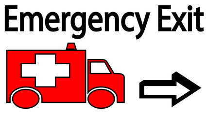 Emergency exit sign with red ambulance graphic pointing towards right side image. © MD