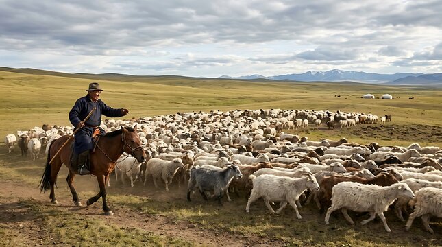 Mongolian shepherd on horseback herding sheep across a vast steppe