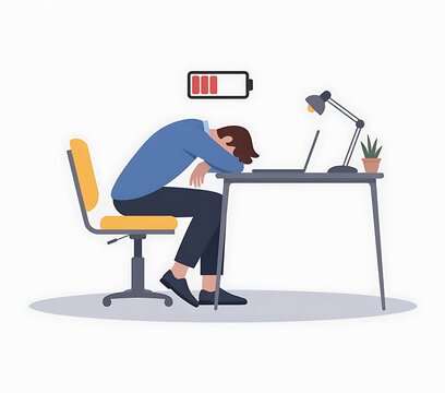 Exhausted employee sleeping at desk with low battery icon representing professional burnout.