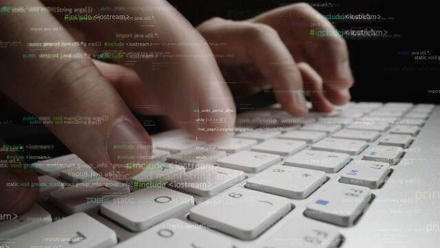 This image captures a dynamic scene of hands actively typing on a laptop keyboard, showcasing computer code and digital elements that reflect modern technology and communication. Xenic
