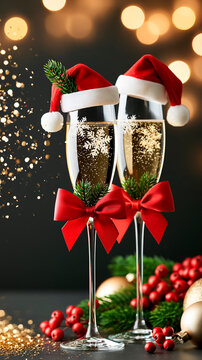 Glasses of champagne, Santa's hat, fir branch and ball on a black background