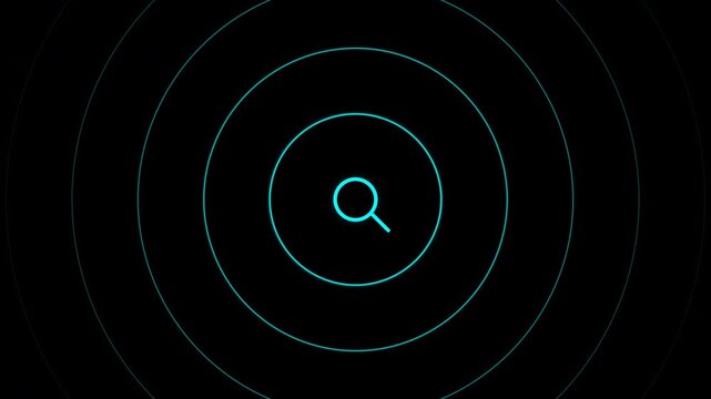 Circular waves emanating from a central search icon against a dark background