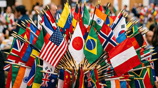A vibrant collection of international flags displayed together representing global unity and diverse national identities in a conference setting