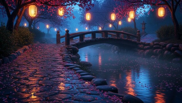 Garden Wooden Bridge with Paper Lanterns and Cherry Blossoms at Night