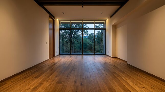 Empty modern living room with large windows and wooden floor