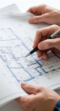 Hands working on architectural blueprint plan.