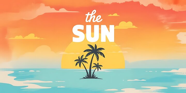 Tropical sunset beach illustration with palm trees and sun background graphic design element.