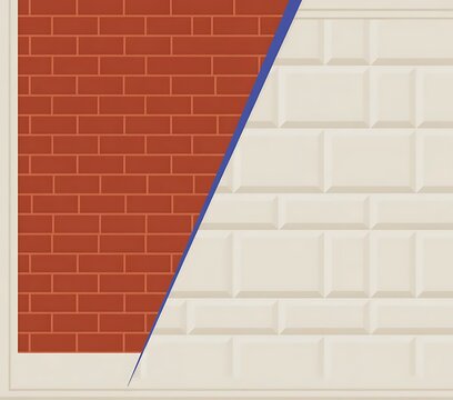 Split screen background with red brick wall and white subway tile texture.
