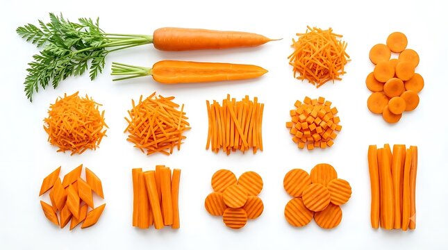 Fresh carrot collection with various cuts and slices isolated on white background