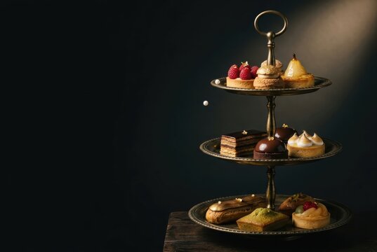 Afternoon tea desserts on tiered stand with elegant copy space