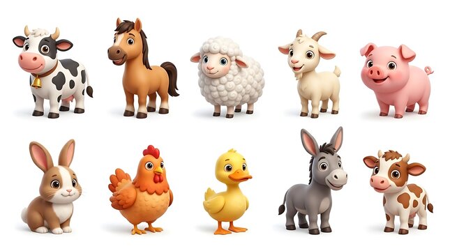 Cute cartoon farm animal collection set with cow horse sheep goat pig rabbit chicken duck