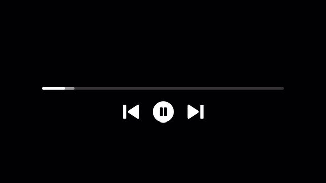 Video Player Overlay Animation on Transparent Background, Minimal Media Playback Control Interface with Play Pause Previous Next Buttons and Progress Bar, 4K Alpha Channel