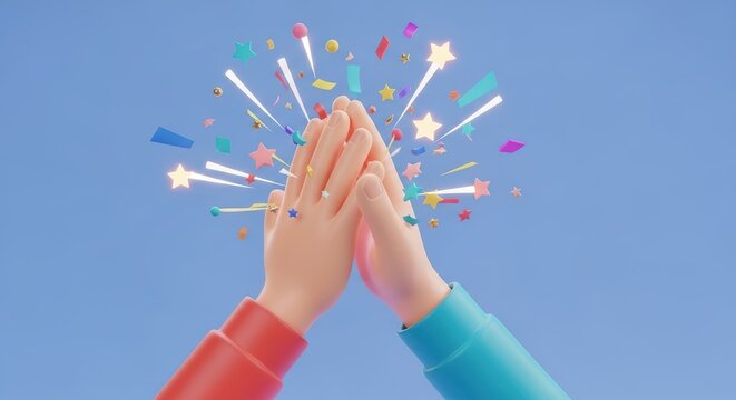 Hands touching in celebration with sparks.