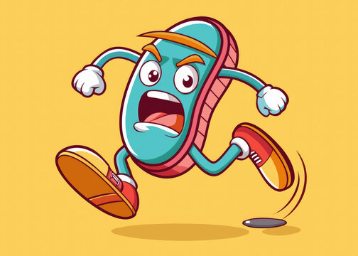 Cartoon illustration of a frightened running hot dog with expressive eyes and legs