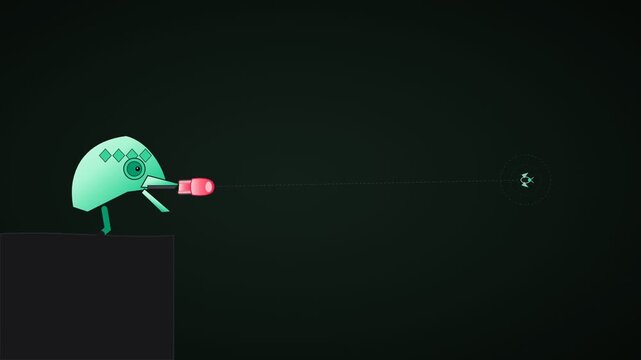 Minimalist digital creature character shooting a projectile in a dark virtual environment
