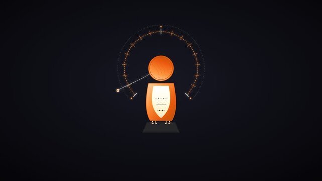 Abstract illustration of orange character with speedometer gauge on dark background
