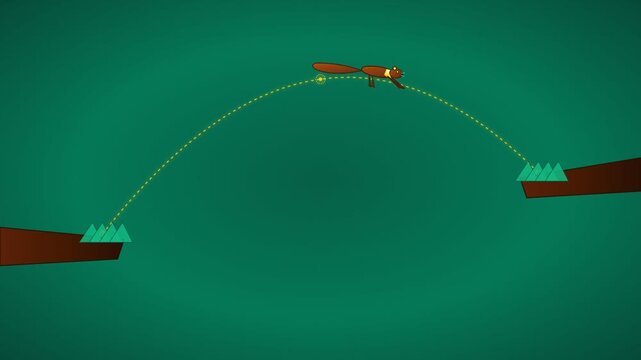 A squirrel jumping across a gap between two cliffs in a digital illustration