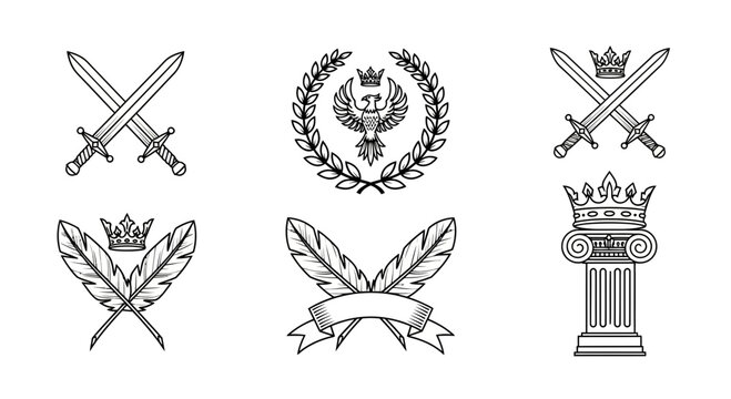 Set of Vintage Heraldic Emblems and Symbols with Crowns and Swords.