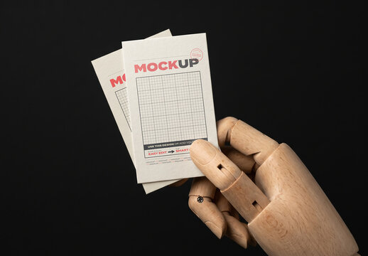 Wooden Mannequin Hand Holding Cards Mockup