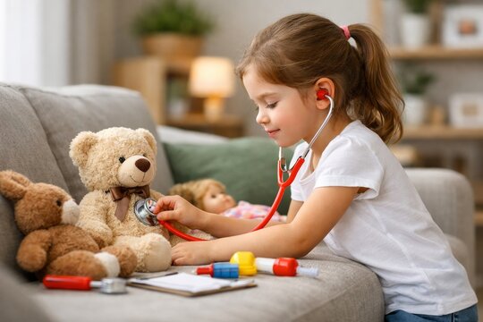 Child playing doctor with a teddy bear using a toy stethoscope on a couch for pediatric roleplay and kids healthcare playful background