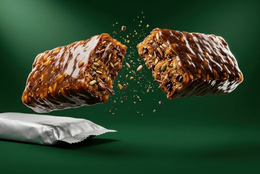 Snack bar broken open with nuts and chocolate on green background