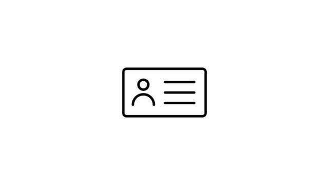 Minimalist id card icon animation on white background showing profile avatar and text lines in clean line art style