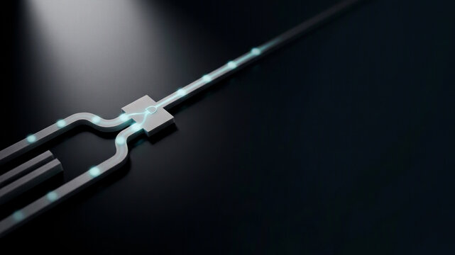 Silicon photonics optical logic gate with glowing cyan photon signals merging on matte black semiconductor tech background