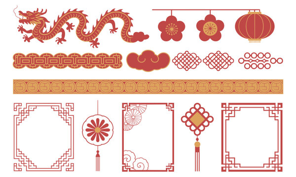 Chinese new year festive decoration elements with dragon lanterns and ornamental borders