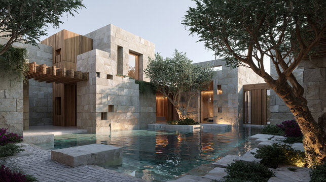 Luxury Modern Stone Villa Courtyard with Swimming Pool