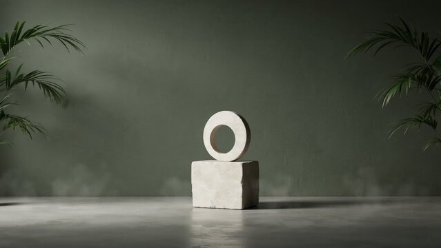 Minimalist product display podium with stone cube and ring