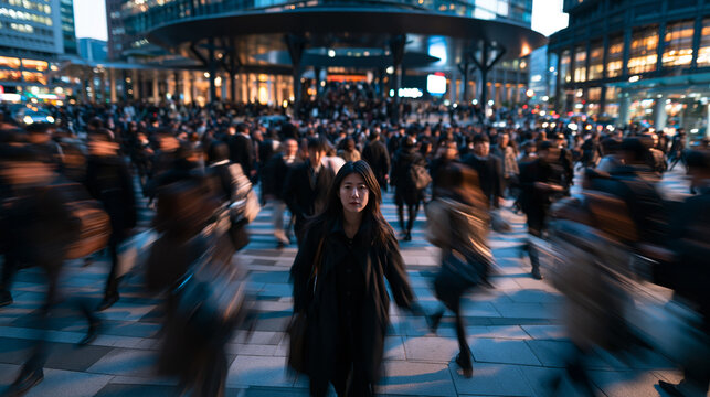 Asian Woman Standing Still Amid Rushing Crowd in City