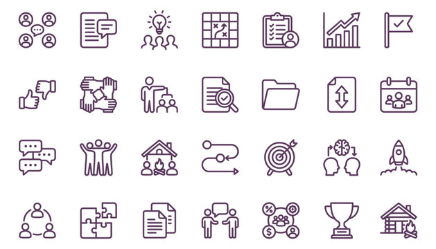 A comprehensive set of business icons representing professional team collaboration and teamwork for corporate project management success