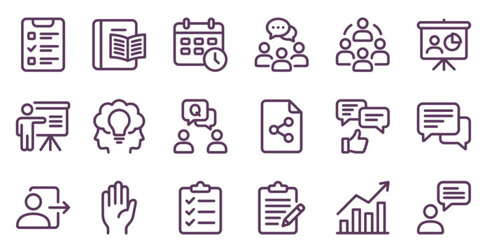 Set of professional line icons representing business meetings and collaboration for corporate office and team communication projects