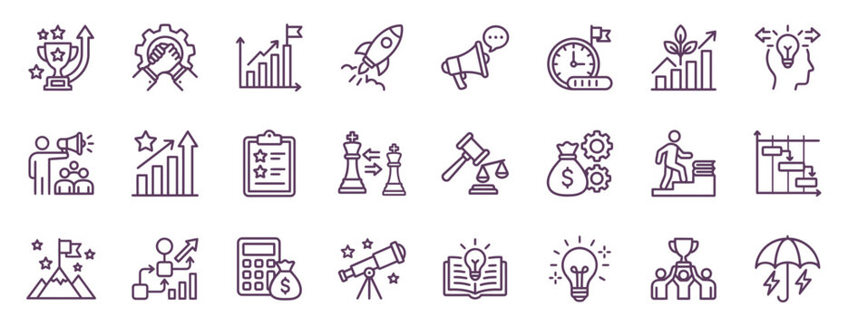 Set of business icons representing professional team strategy and goal planning for corporate success and development