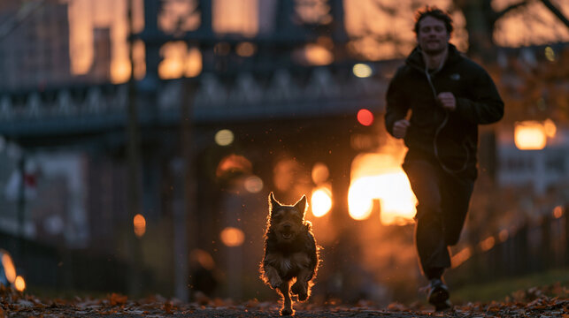 Dog and Owner Running Together in City Park at Sunset
