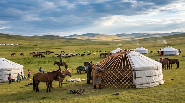 Nomadic people building a traditional yurt on the mongolian steppe